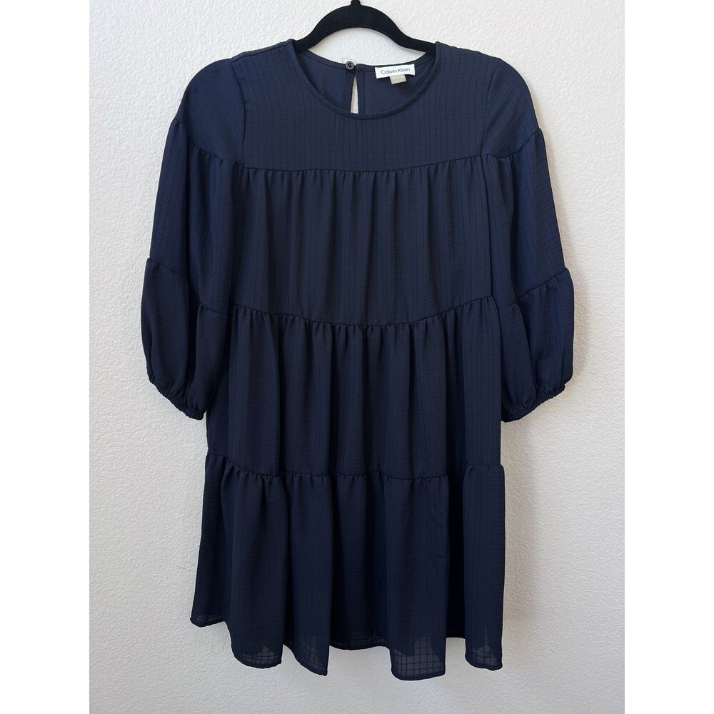 Calvin Klein Navy Blue Tiered Babydoll Dress Petite 4P Puff Sleeve Windowpane